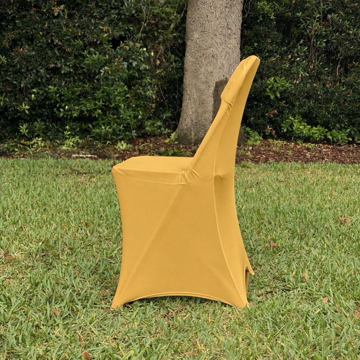gold spandex, folding chair cover facing left