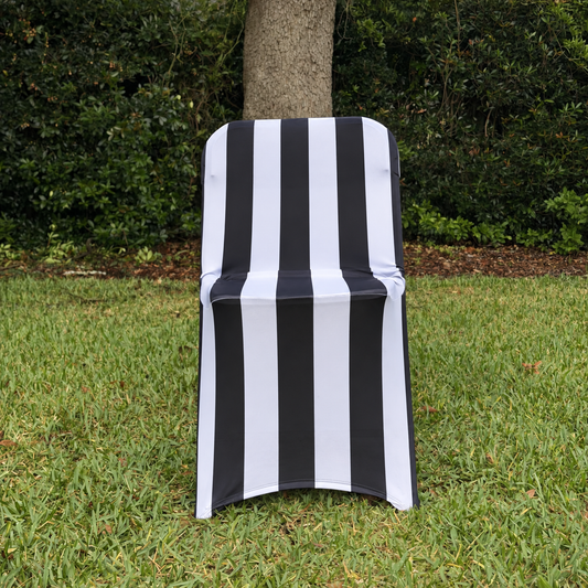 black and white striped spandex, folding chair, cover facing forward