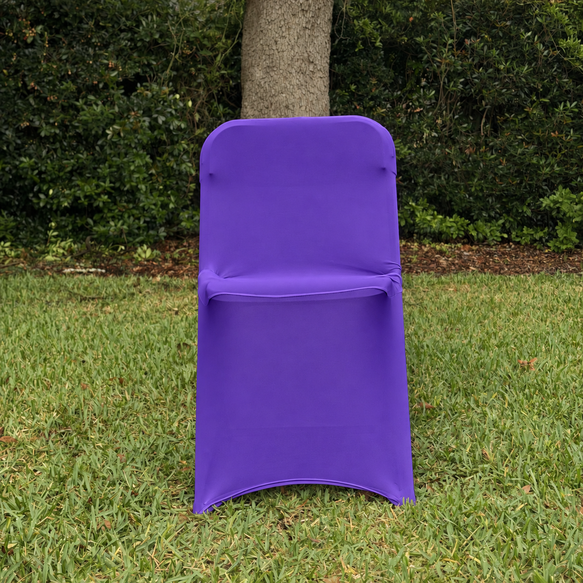 Purple spandex, folding chair cover, facing forward