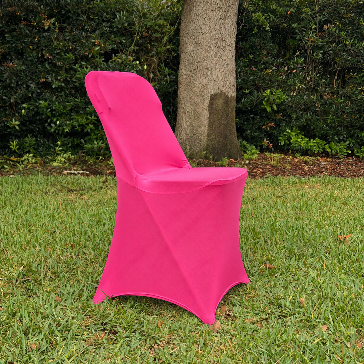 Pink spandex, folding chair cover facing right