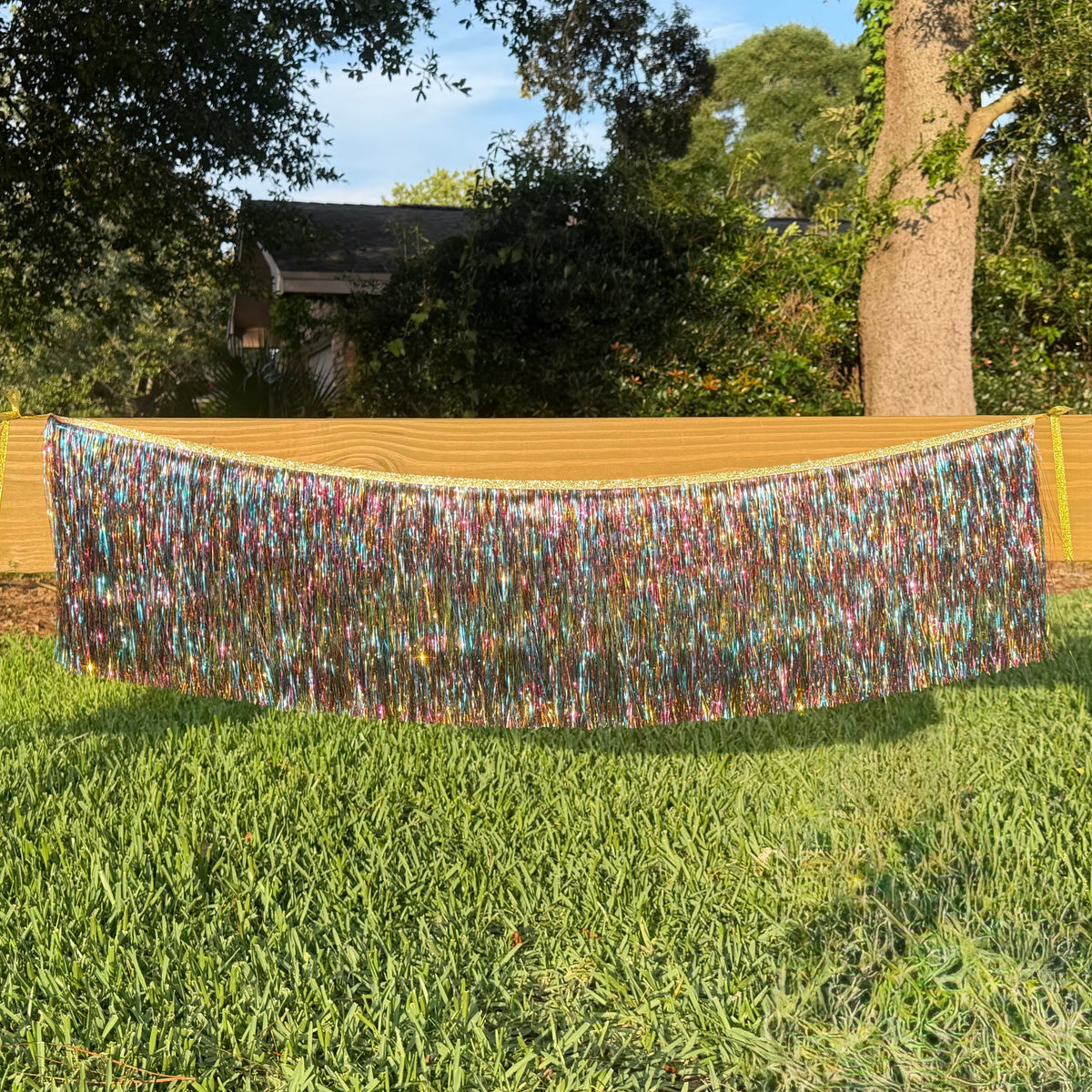 Metallic bougie fringe multicolor rainbow 4 feet long 12 inch drop