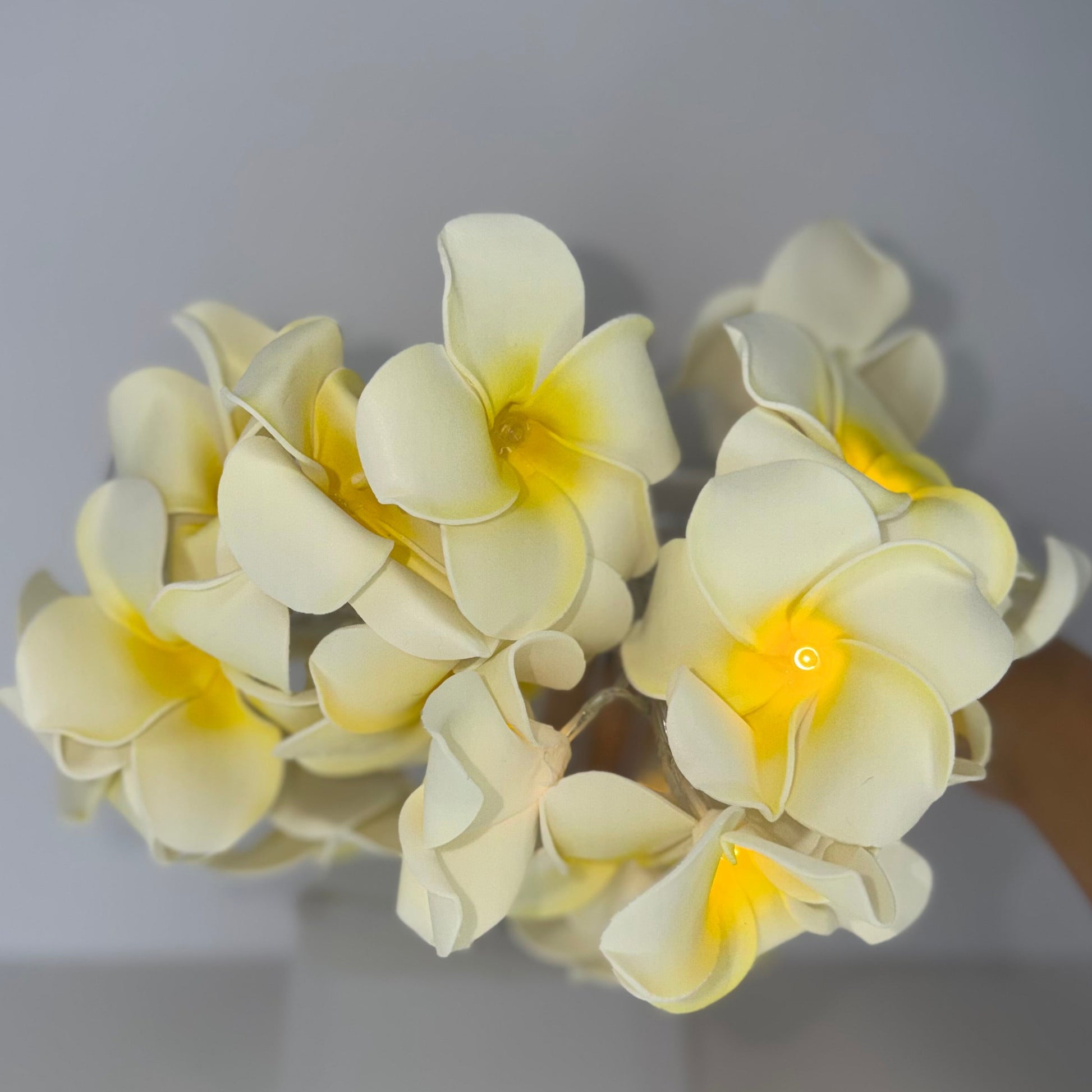 A bouquet of artificial plumeria flowers in pale cream with bright yellow centers, arranged in a clear vase against a neutral gray background.