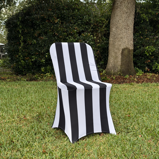 Black and white striped spandex, folding chair cover facing right