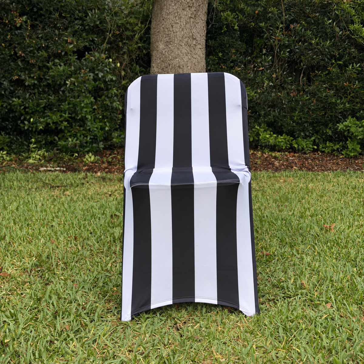  black and white striped spandex, folding chair, cover facing forward