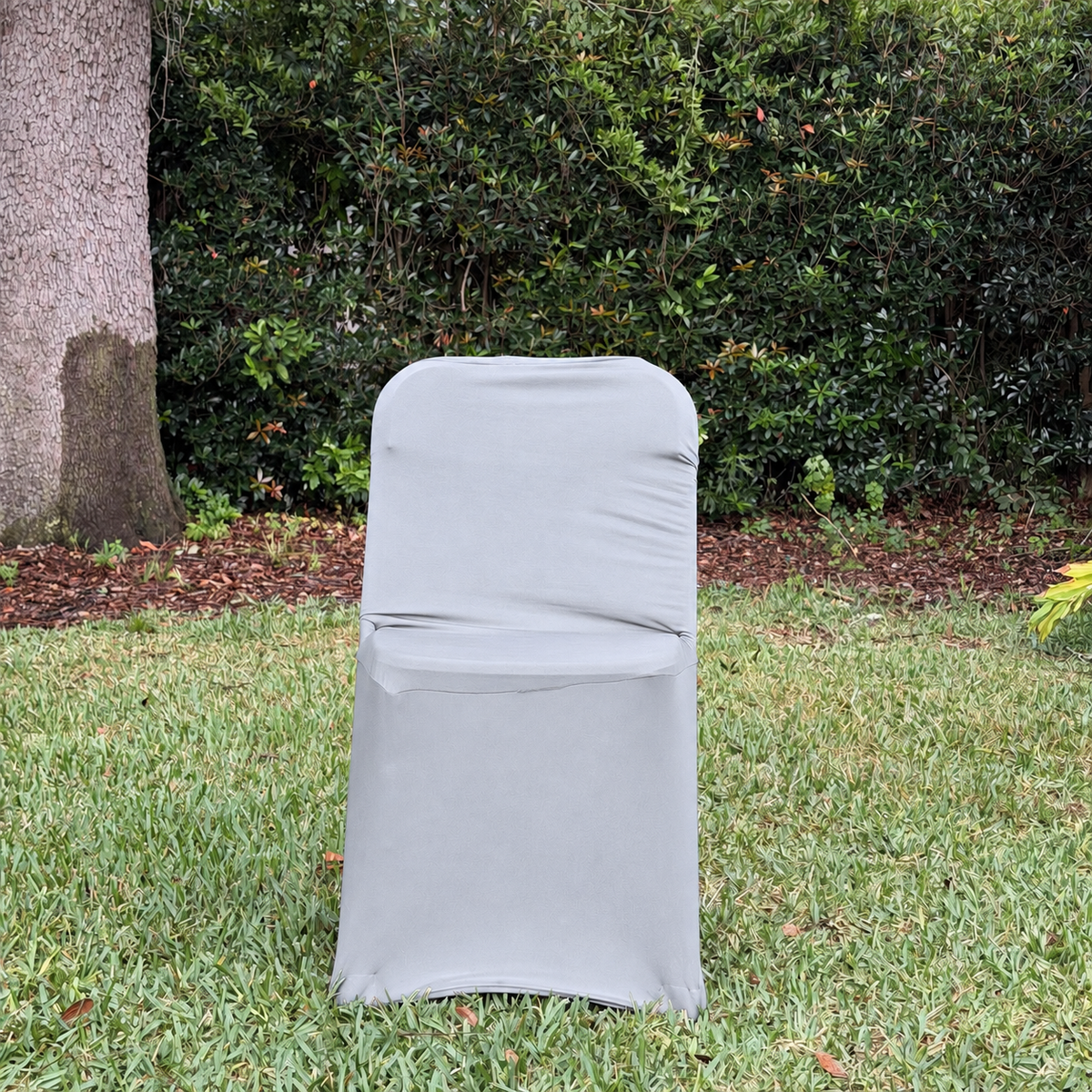  silver spandex, folding chair, cover facing forward