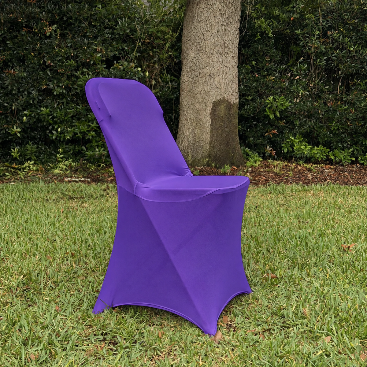 Purple spandex, folding chair cover facing right