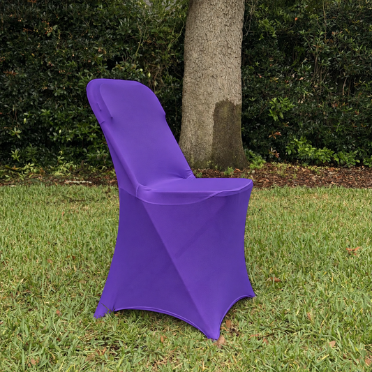 Purple spandex, folding chair cover facing right