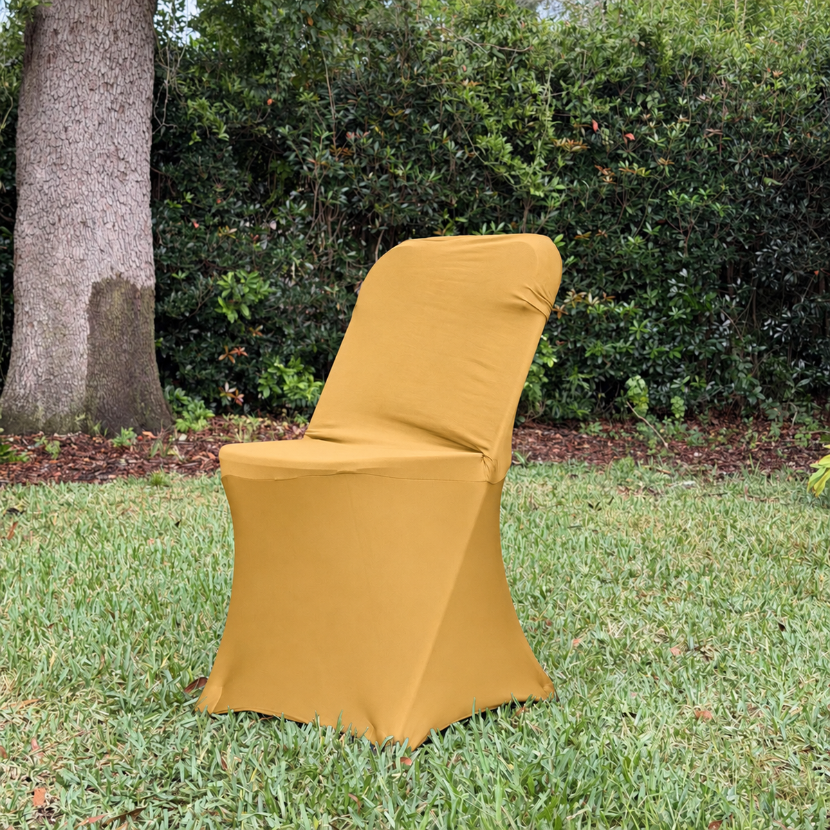 Gold spandex, folding chair cover facing left