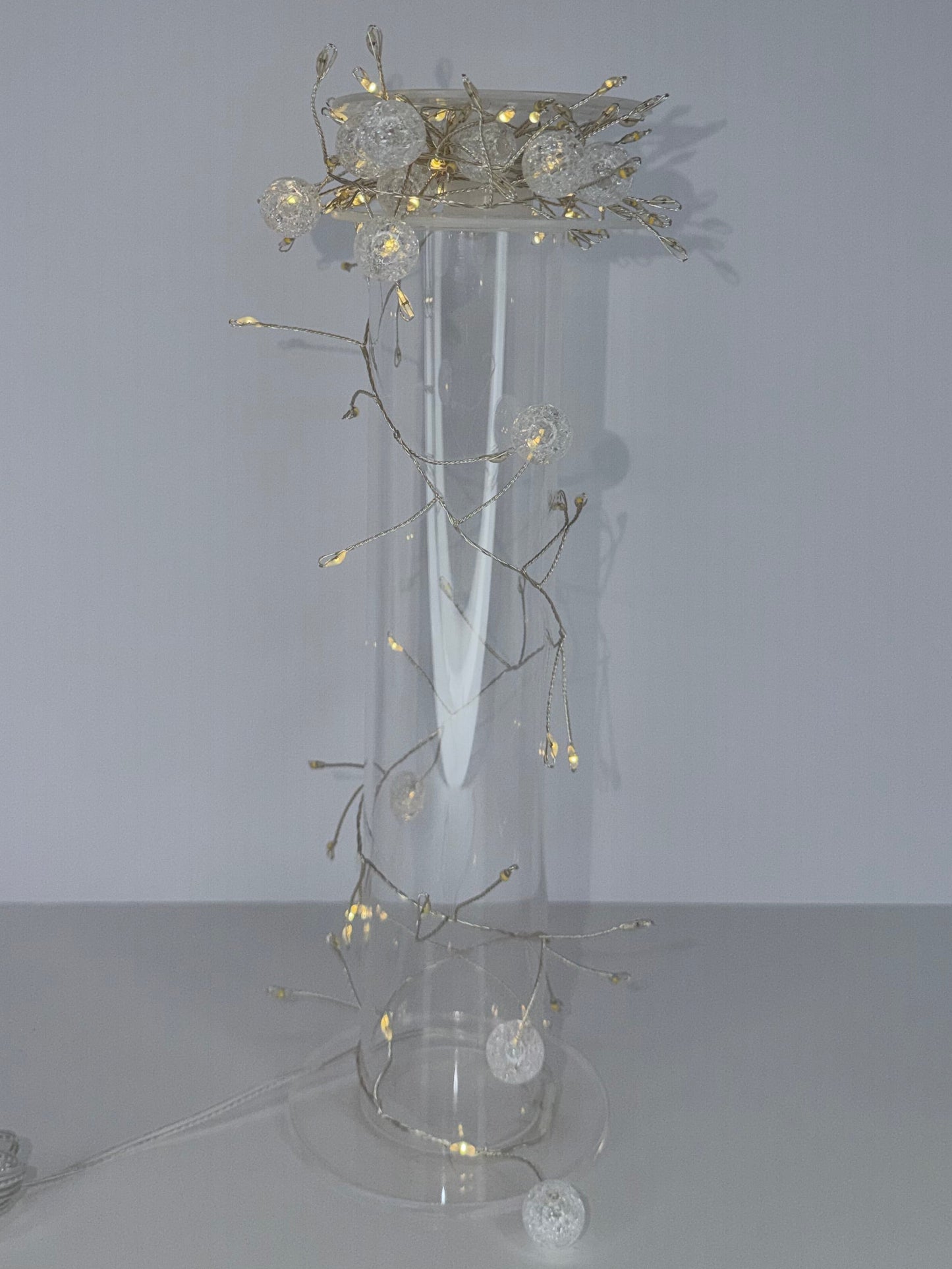 A modern wall-mounted light fixture shaped like a clear glass or acrylic tube with delicate white branch-like wire details and warm white fairy lights, mounted on a plain light gray wall.