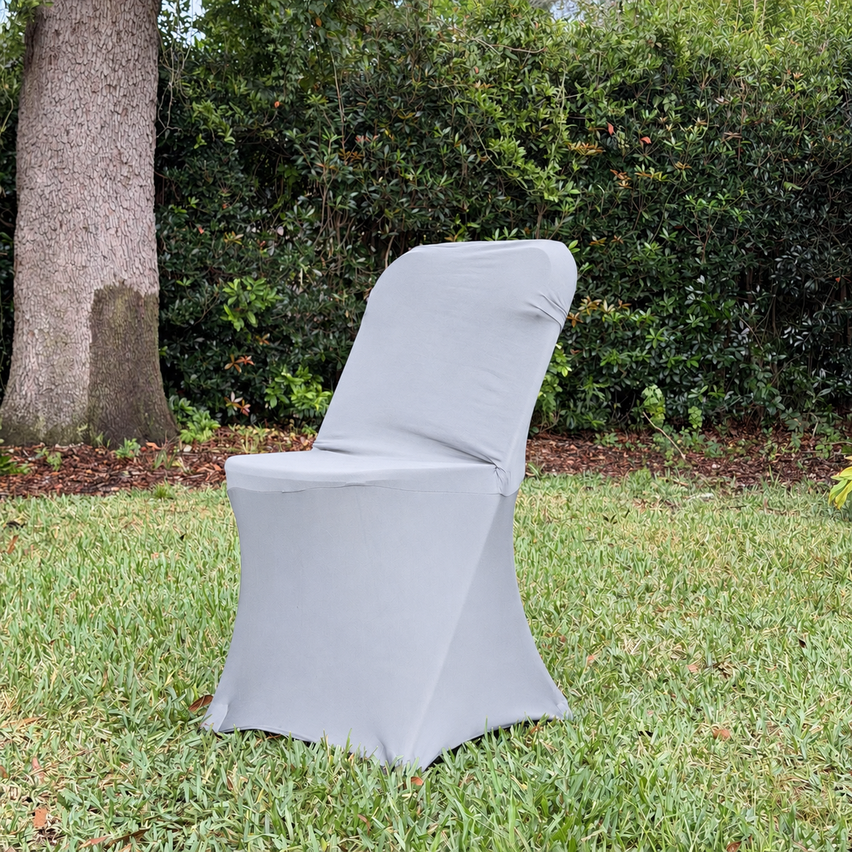 Silver spandex, folding chair cover facing left