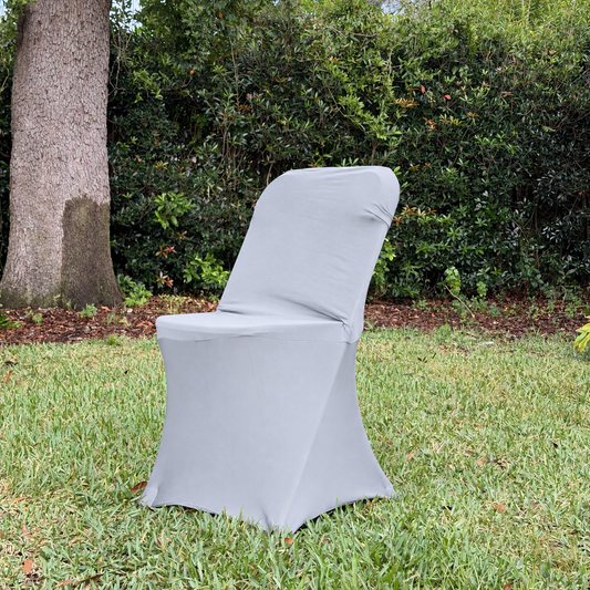 Silver spandex, folding chair cover facing left