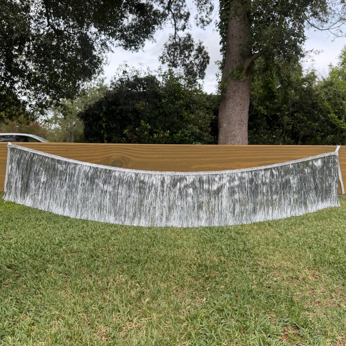 A silver metallic fringe banner or backdrop hanging outdoors over a wooden surface on a grassy lawn, with trees and bushes in the background.