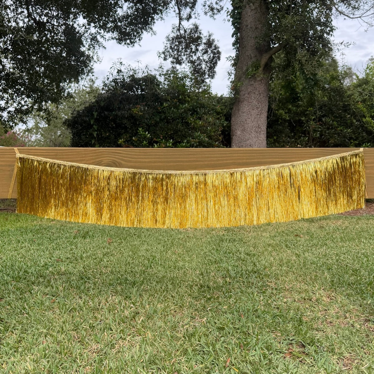 A gold metallic fringe curtain backdrop hanging outdoors on a lawn in front of trees.