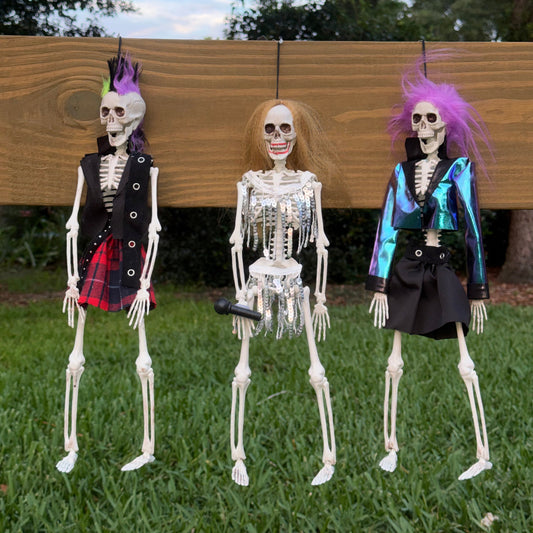 Punk rock, rockstar skeletons in kilts girl, singer skeleton with microphone