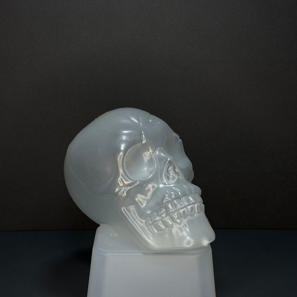A translucent frosted glass skull sculpture displayed on a matching frosted glass pedestal against a dark gray background.