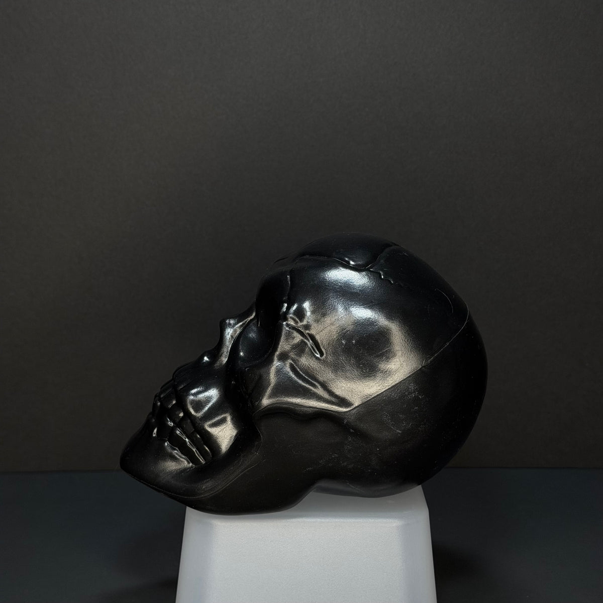 A glossy black skull sculpture displayed on a white pedestal against a dark gray background.